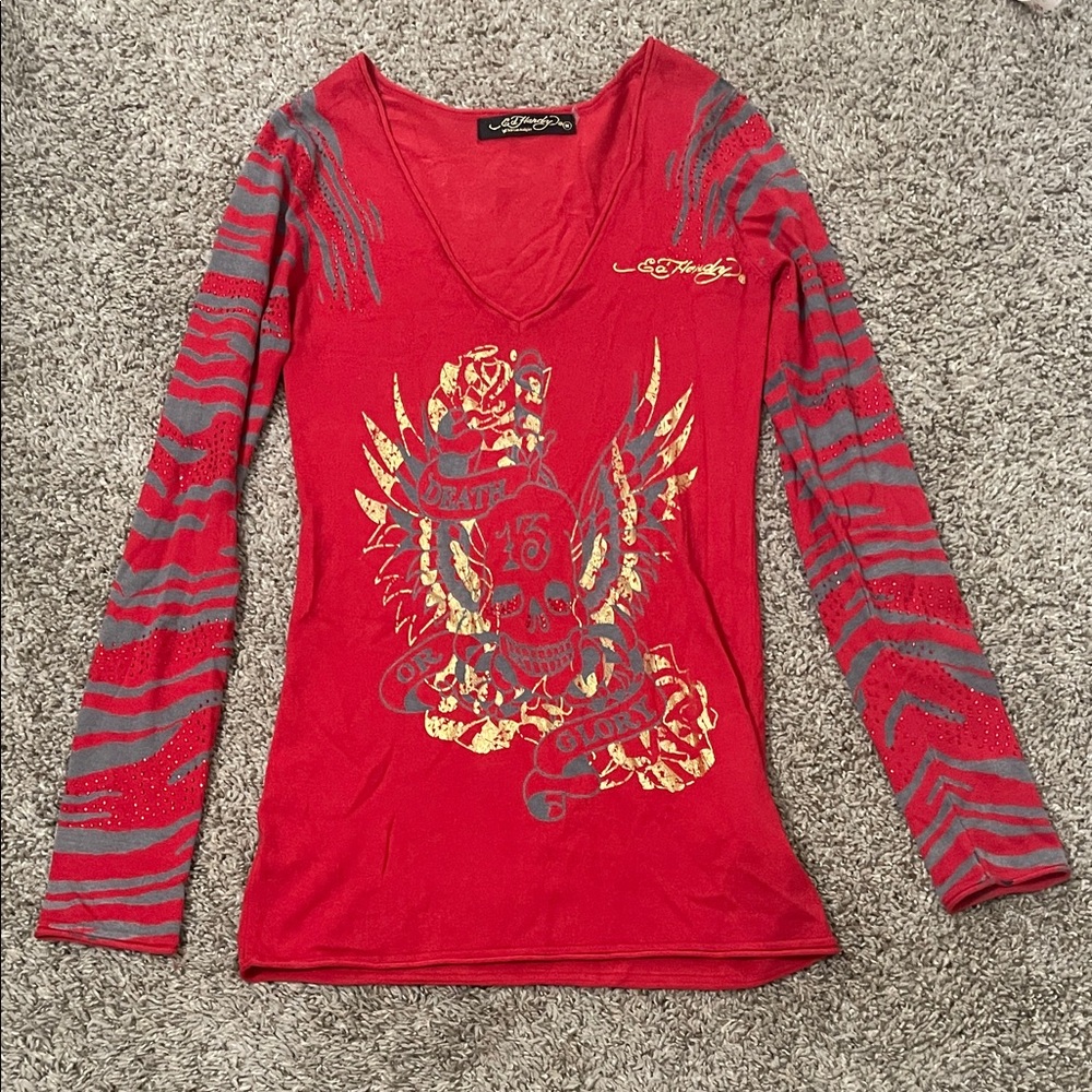 Ed Hardy by Christian Audigier tattoo art Red and Gray Long Sleeve Top